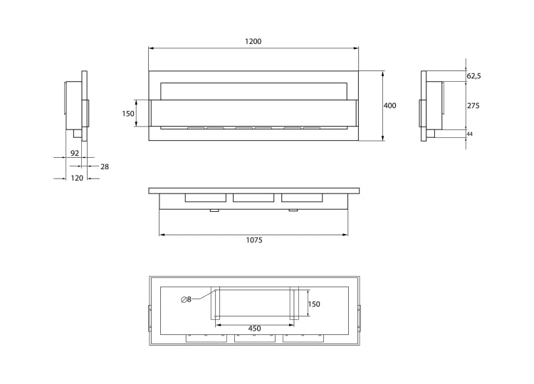Biofireplace hanging with glass 1200x400 black structural matte